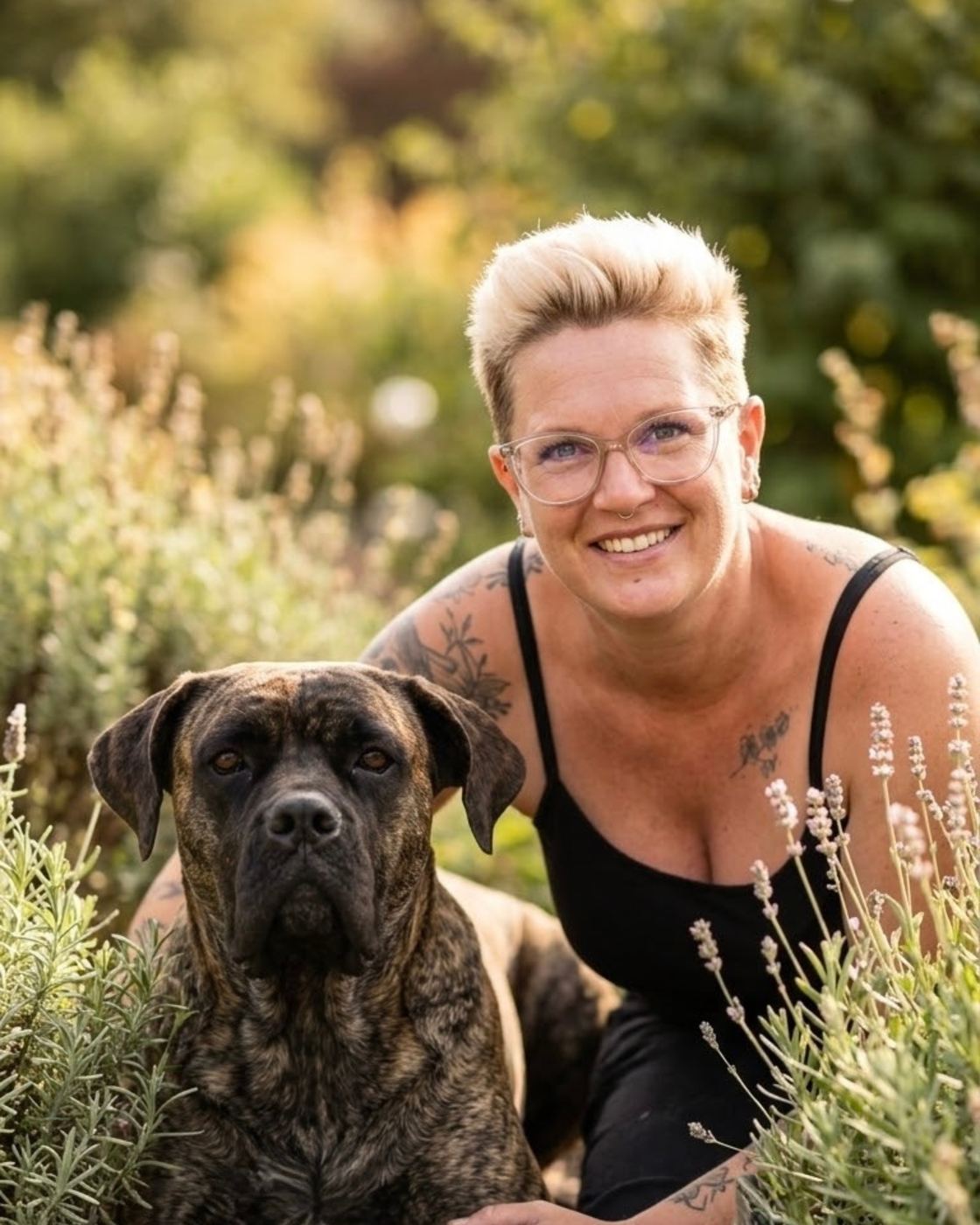 Sabrina mit ihrer Cane-Corso-Hündin Loraine im Lavendel